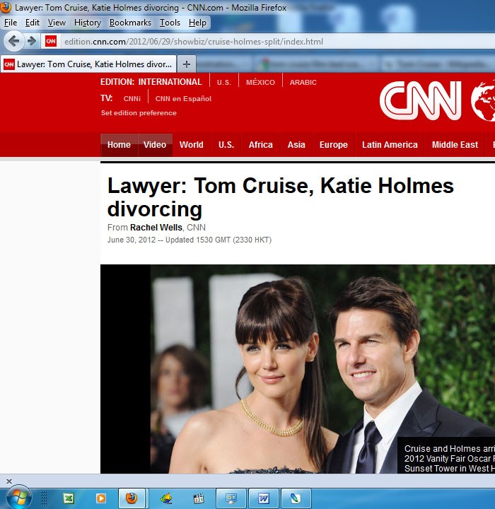 Trang CNN cũng đưa tin Tom Cruise và Katie Holmes đang làm thủ tục li hôn